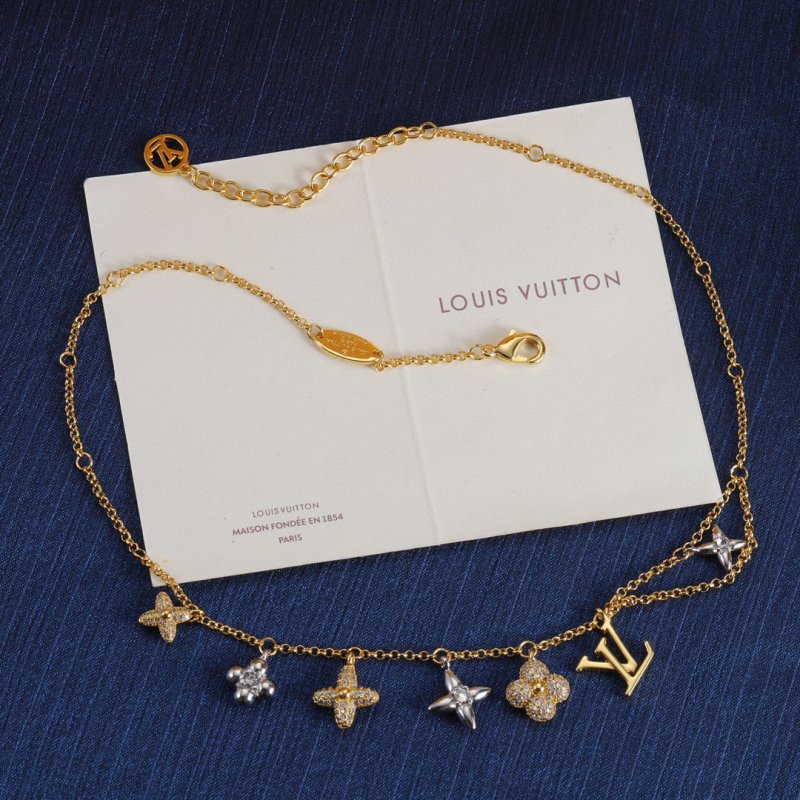 Louis Vuitton Gram Monogram Floral Zirconia Pendant Necklace Gold
