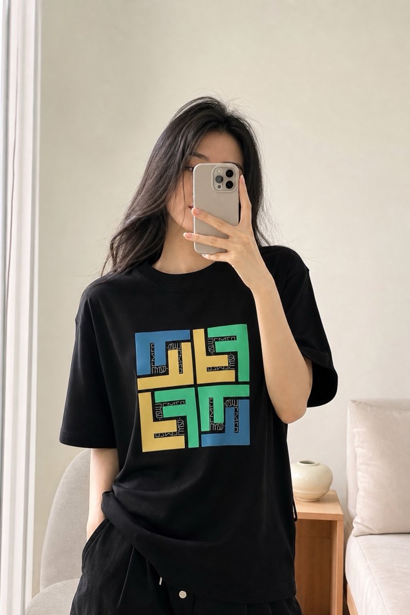 Black Graphic Print T-Shirt with Colorblock Design