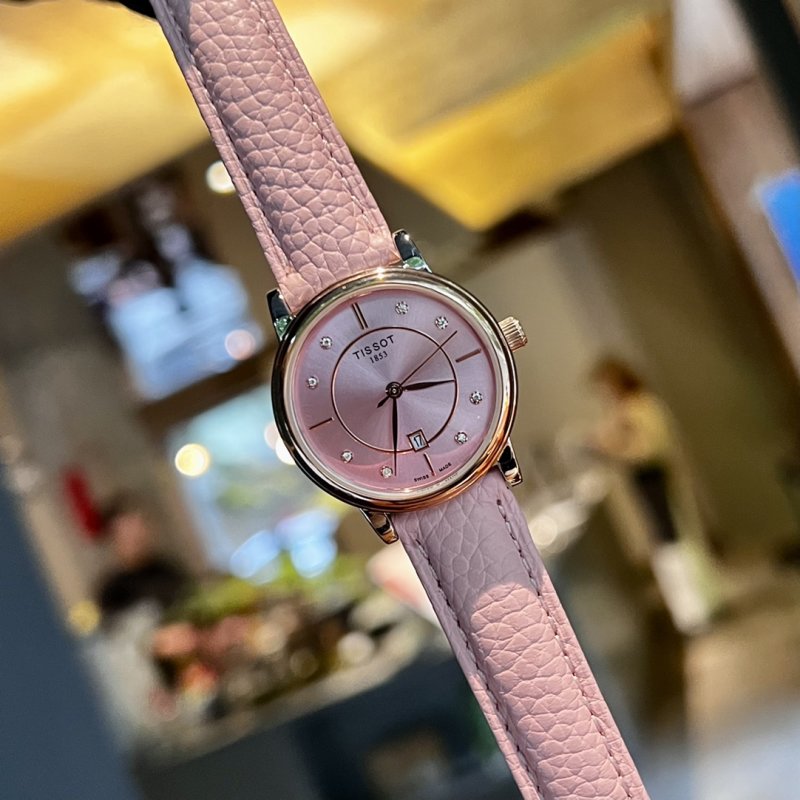 Tissot Carson Pearl Diamond Pink Dial Leather Watch view