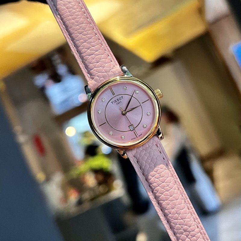 Tissot Carson Pearl Diamond Pink Dial Leather Watch view