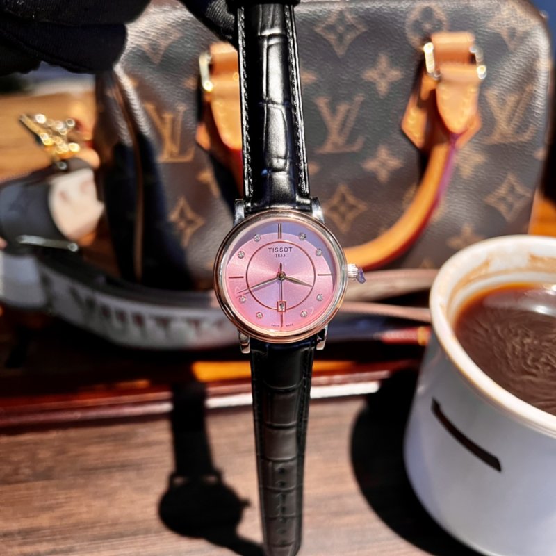 Tissot Carson Pearl Diamond Pink Dial Leather Watch view