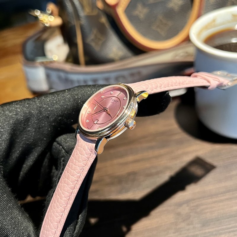 Tissot Carson Pearl Diamond Pink Dial Leather Watch view
