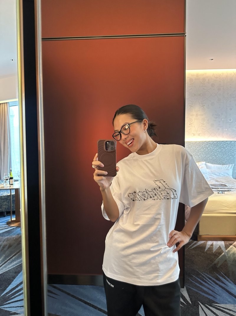 White Oversized T-Shirt with Rhinestone Logo Graphic view