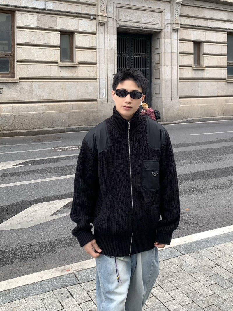 Prada Black Hybrid Knit Zip Jacket view