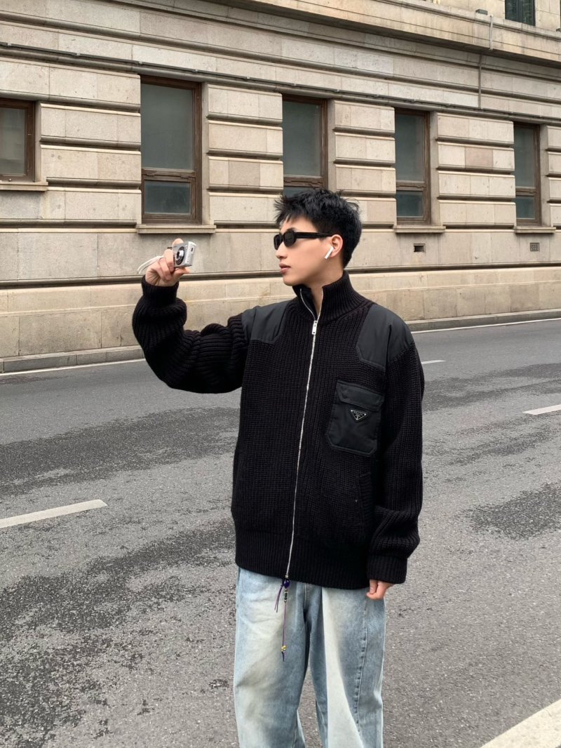 Prada Black Hybrid Knit Zip Jacket view