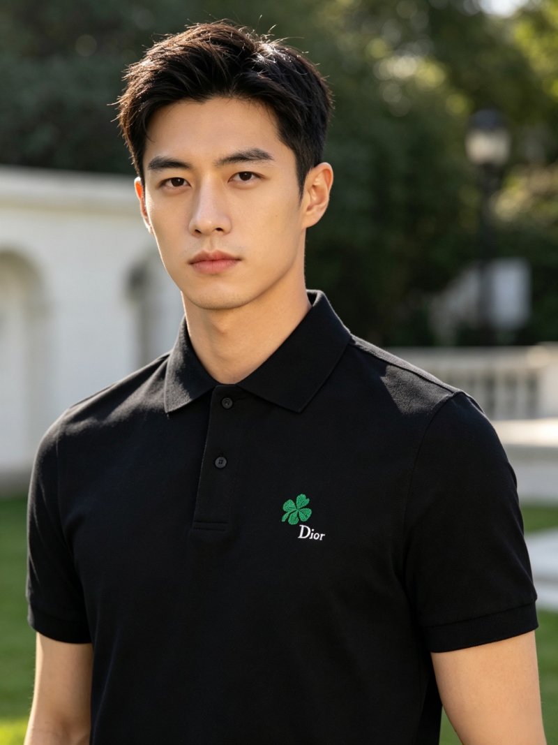 Dior Black Polo Shirt with Green Clover Embroidery