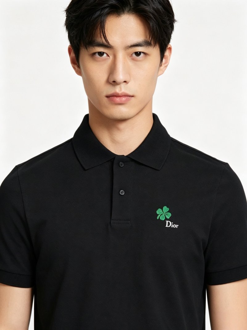 Dior Black Polo Shirt with Green Clover Embroidery view