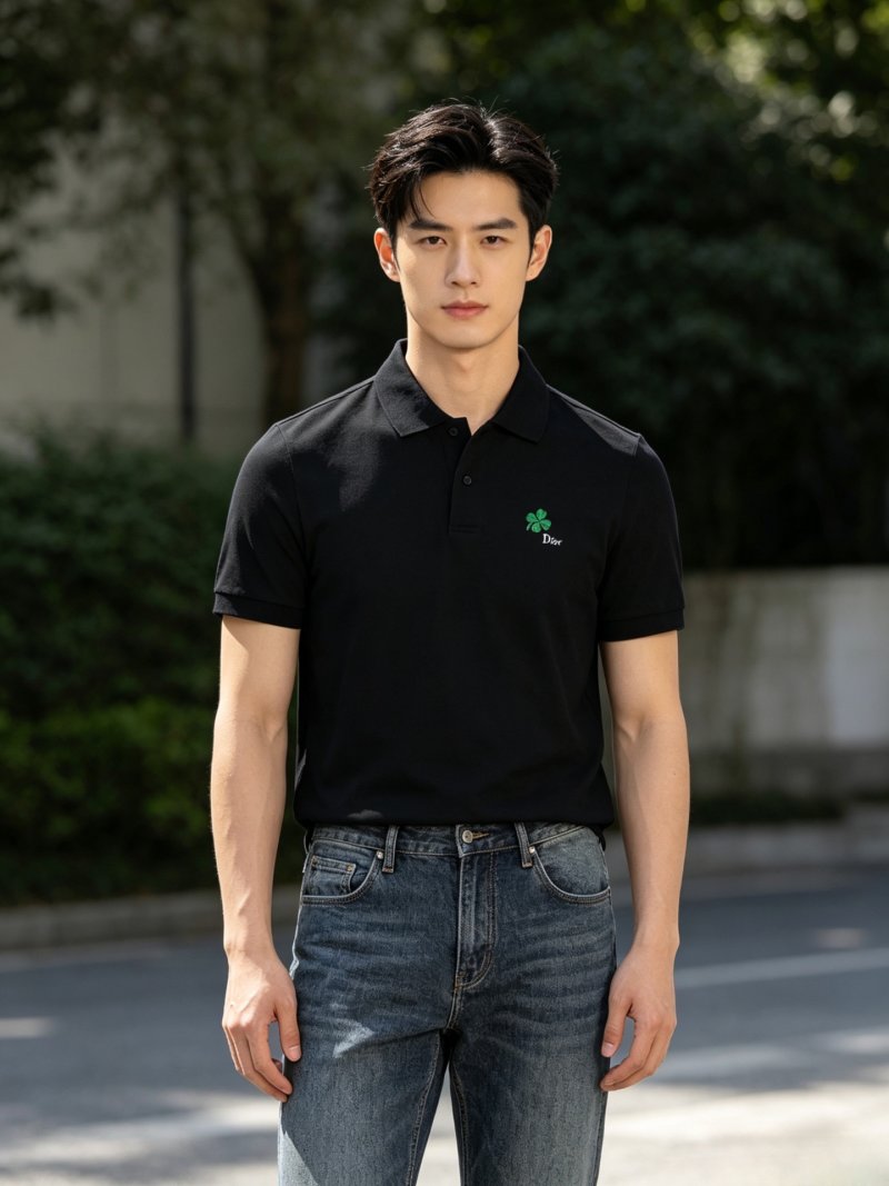Dior Black Polo Shirt with Green Clover Embroidery view