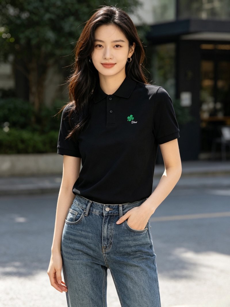 Dior Black Polo Shirt with Green Clover Embroidery view