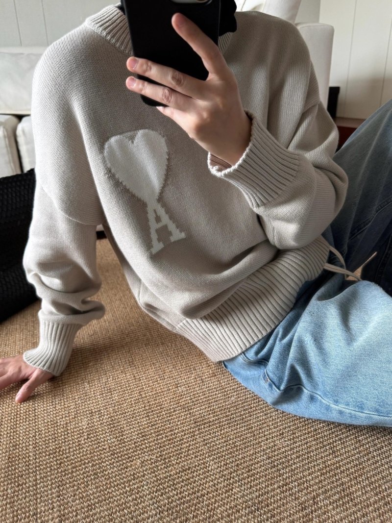 Beige Crewneck Sweater with Embroidered Heart Logo view