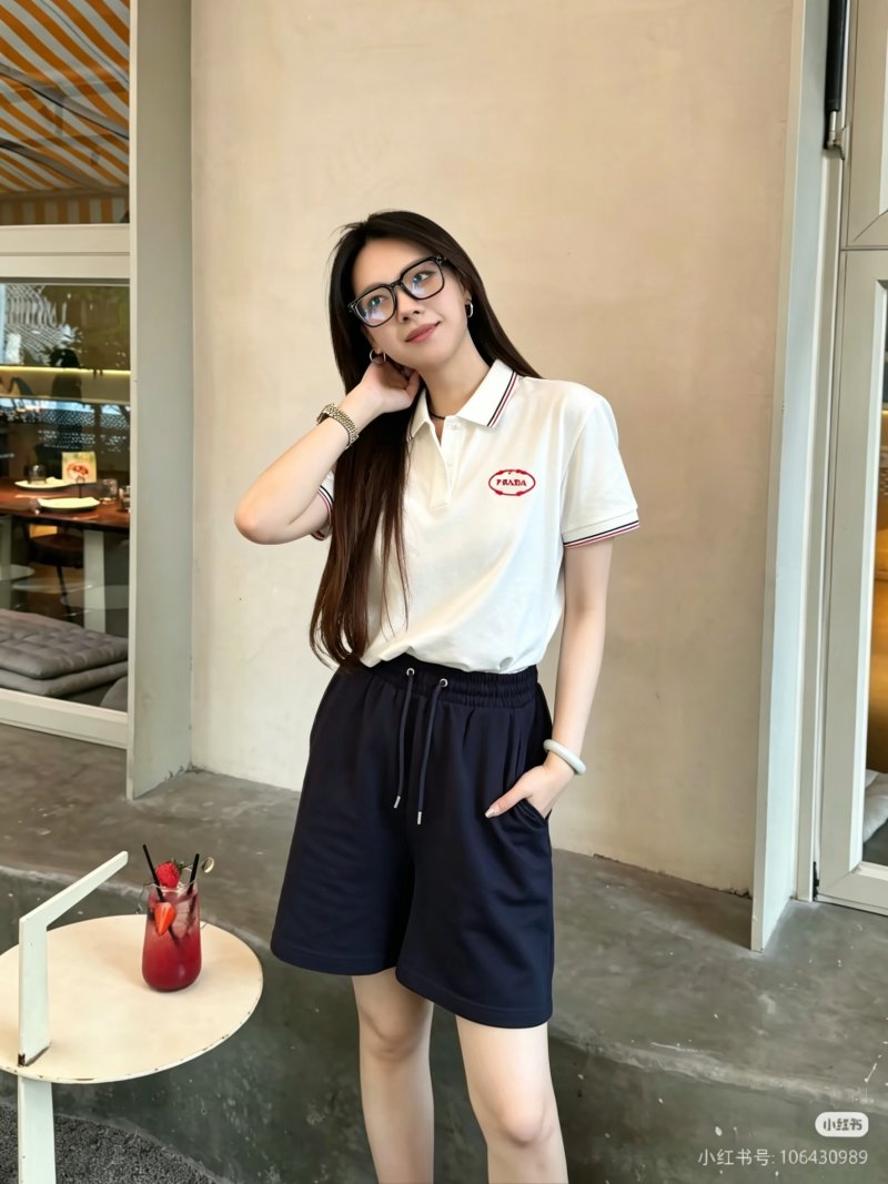 Prada Red Embroidered Logo Polo Shirt Cream view