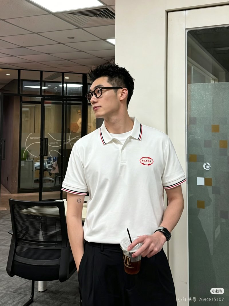 Prada Red Embroidered Logo Polo Shirt Cream view