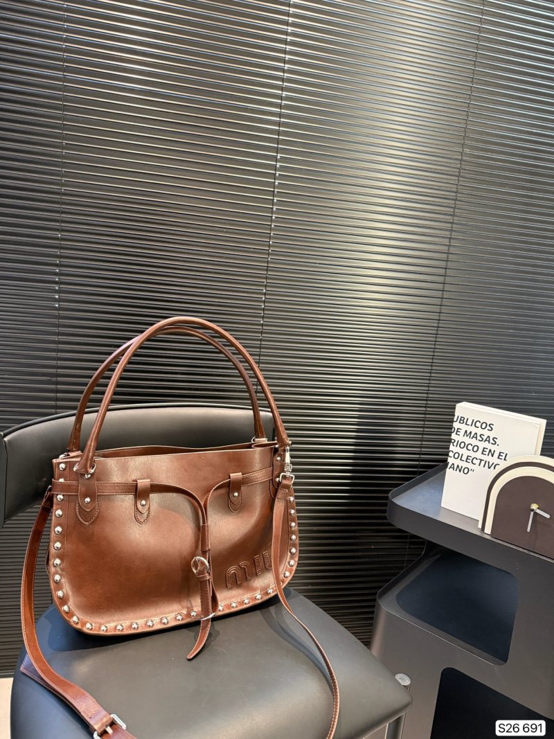 Miu Miu Cognac Studded Leather Tote Bag