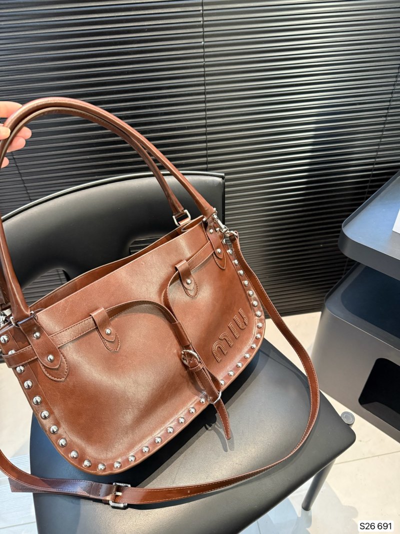 Miu Miu Cognac Studded Leather Tote Bag view