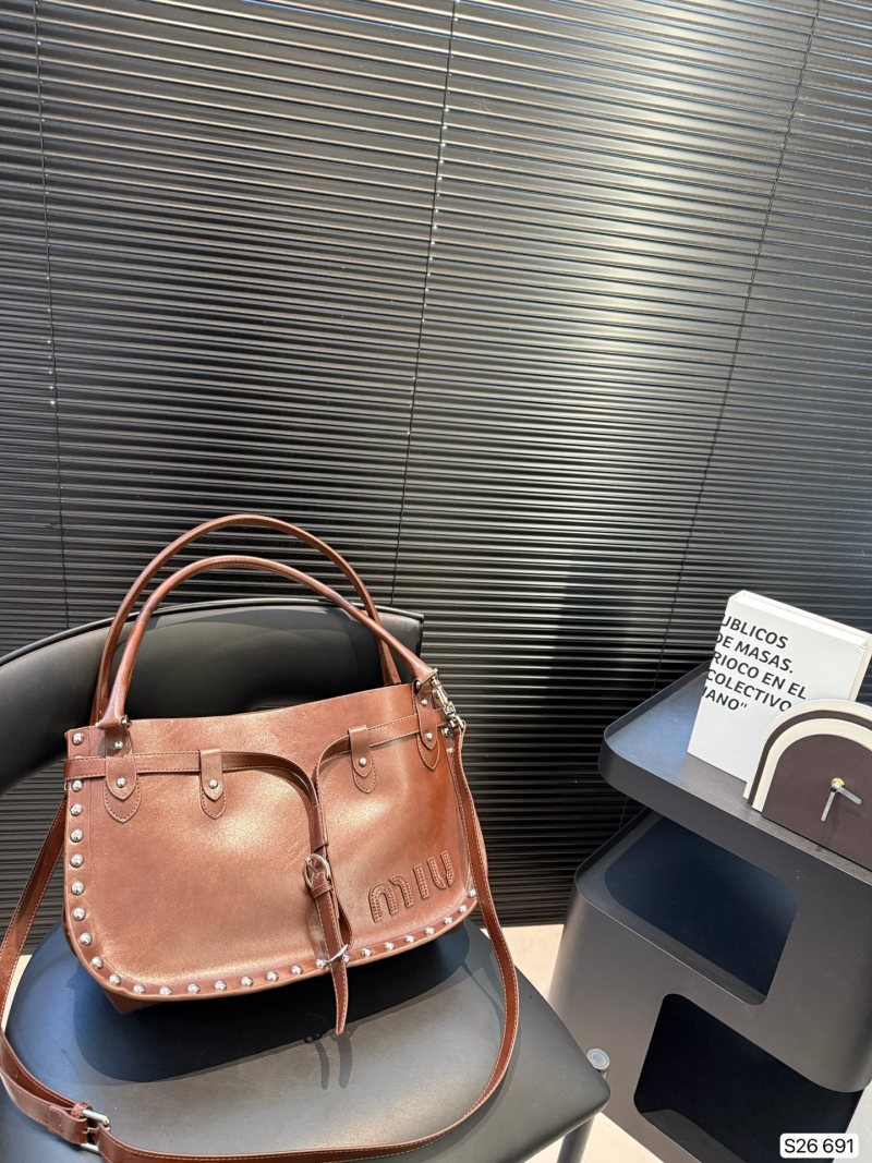 Miu Miu Cognac Studded Leather Tote Bag view