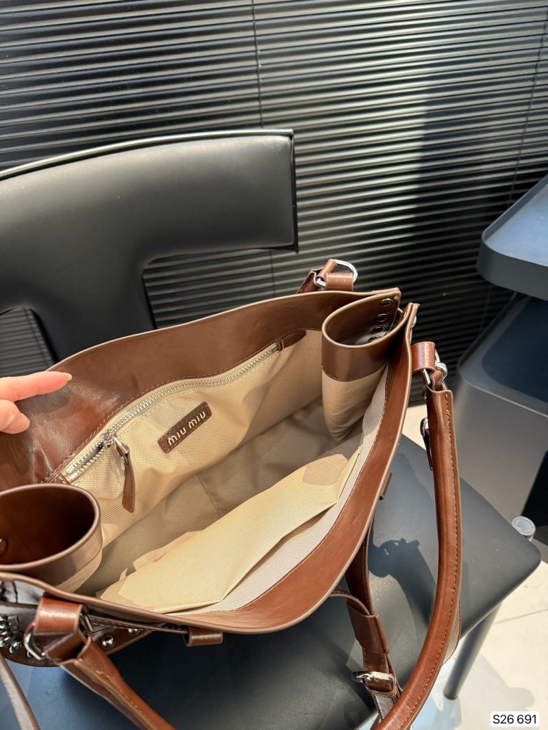 Miu Miu Cognac Studded Leather Tote Bag view