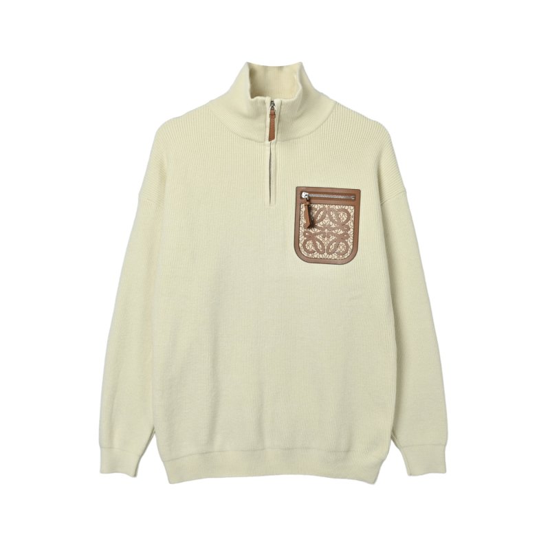 Cream Ribbed Half-Zip Sweater with Leather Pocket Detail view