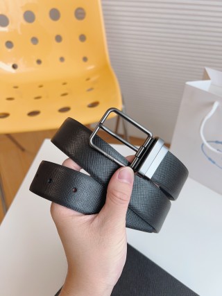 Prada Saffiano Leather Belt - Black with Silver Buckle