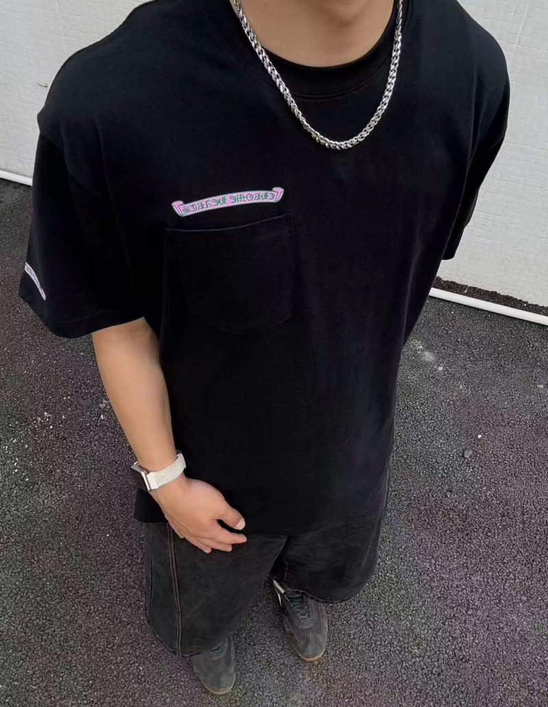 Black Short Sleeve T-Shirt with Purple Embroidered Pocket Graphic