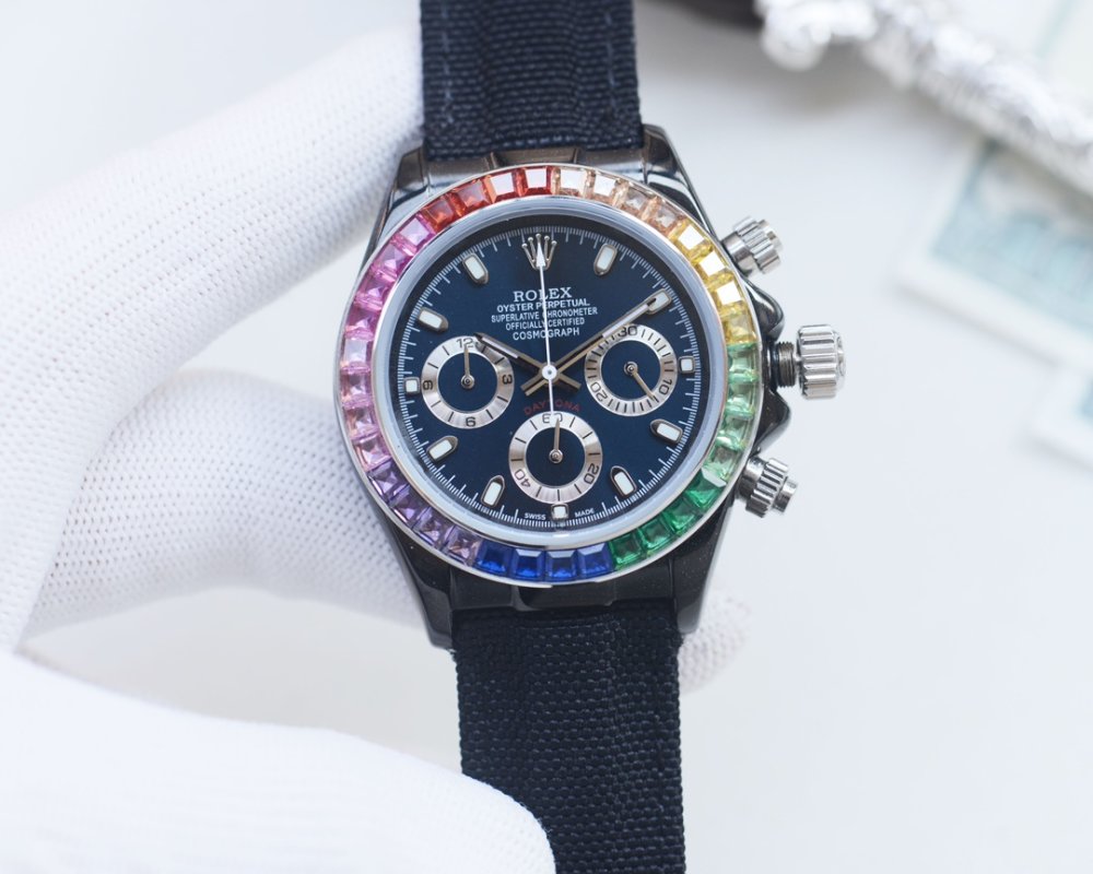 Rolex Daytona 43mm Chronograph Rainbow Bezel Black Dial view