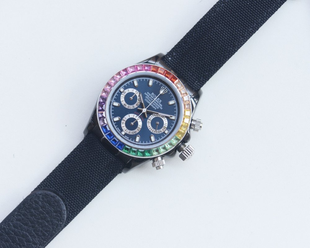 Rolex Daytona 43mm Chronograph Rainbow Bezel Black Dial view