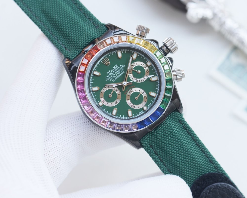 Rolex Daytona 43mm Chronograph Rainbow Bezel Black Dial view