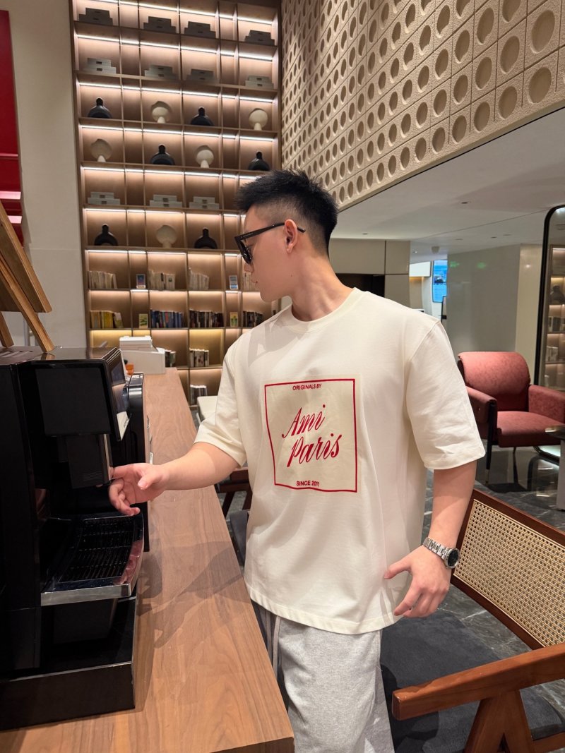 Ami Paris Inspired Cream T-Shirt with Red Logo Print
