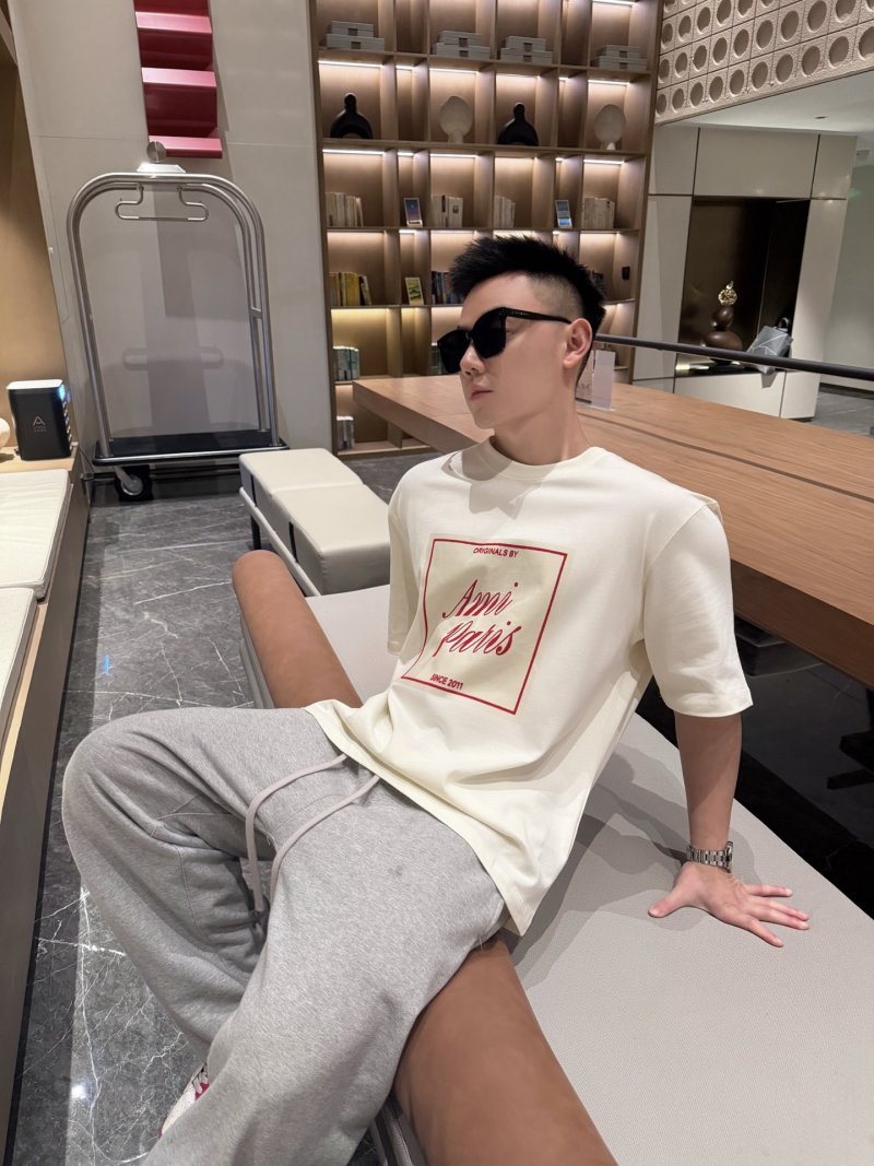 Ami Paris Inspired Cream T-Shirt with Red Logo Print view