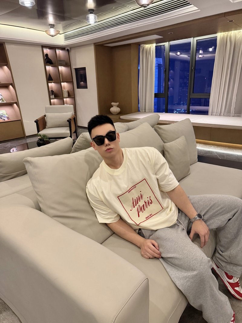 Ami Paris Inspired Cream T-Shirt with Red Logo Print view