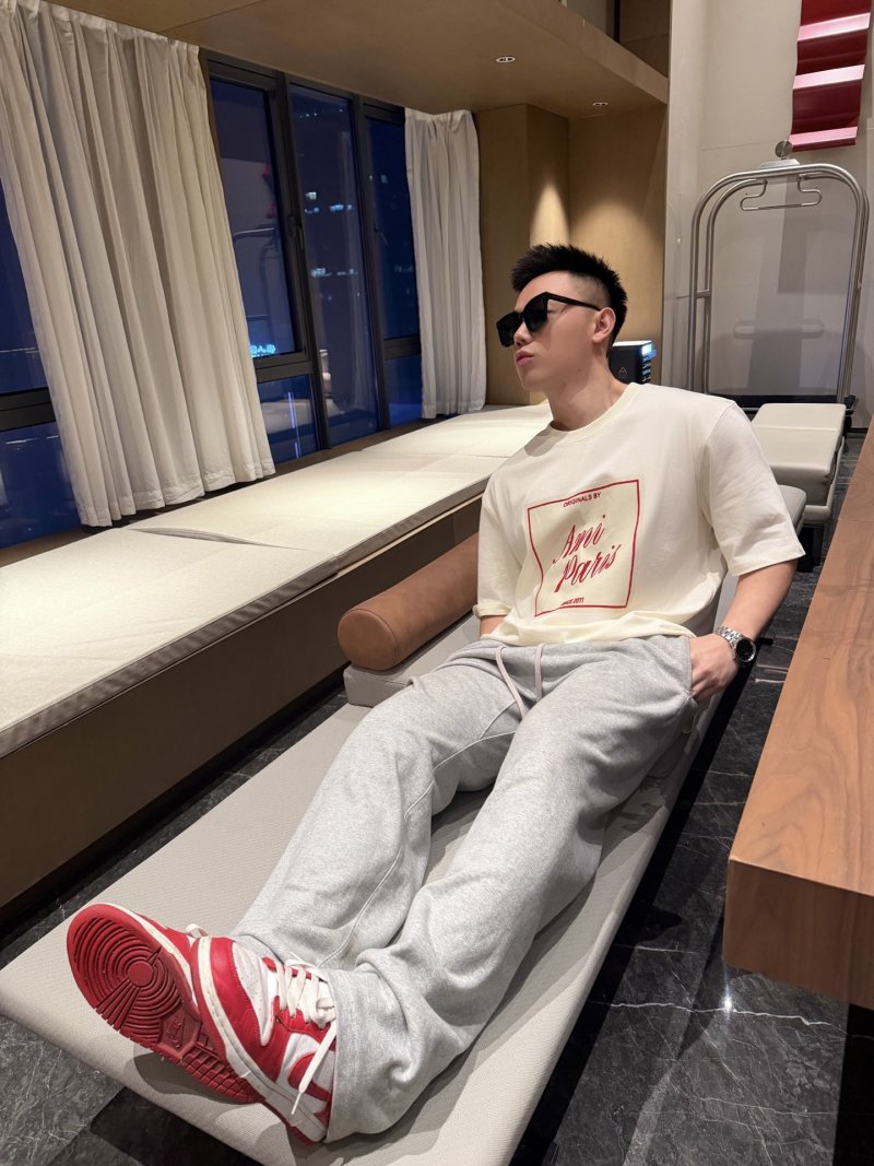 Ami Paris Inspired Cream T-Shirt with Red Logo Print view