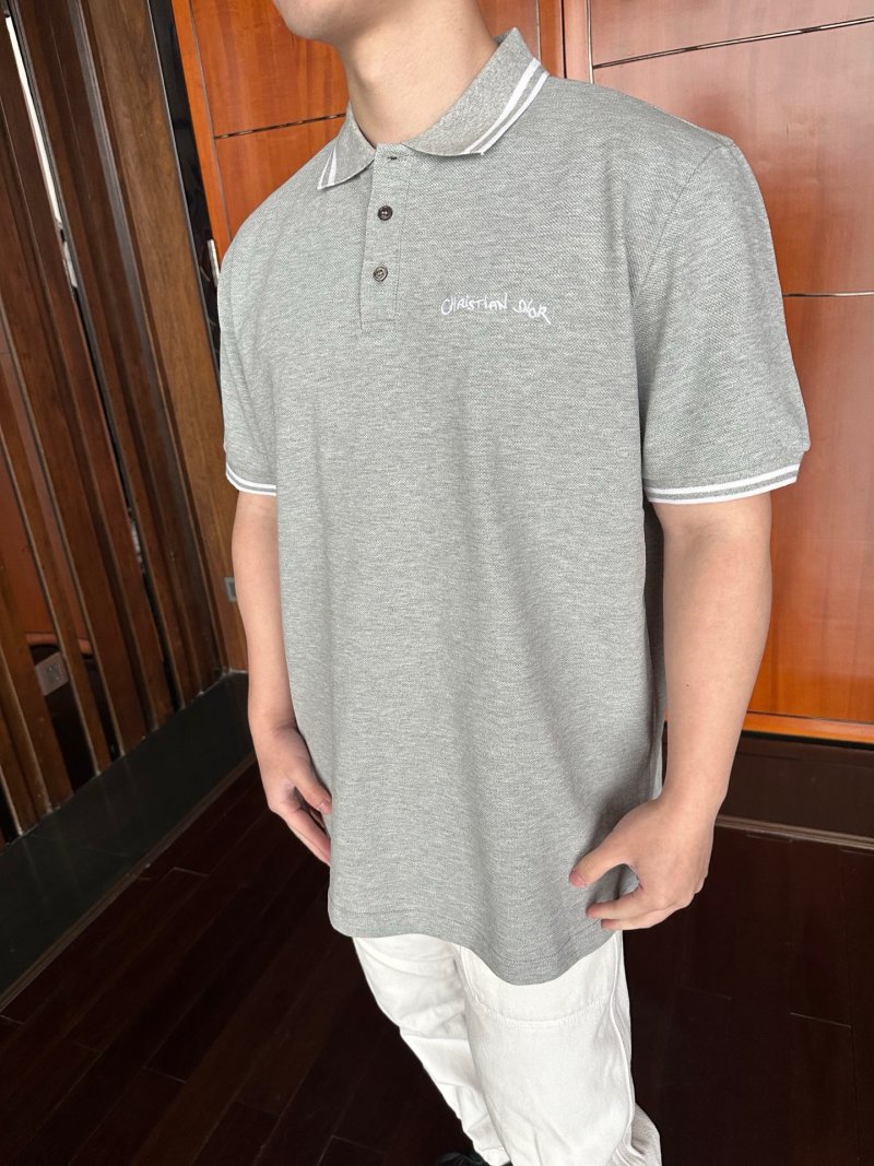 Dior Cursive Logo Embroidered Polo Shirt Grey view