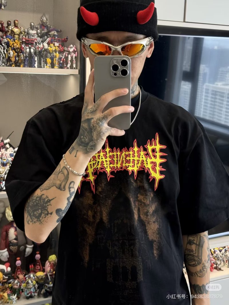 Black Metal Band Graphic T-Shirt with Red Flame Print