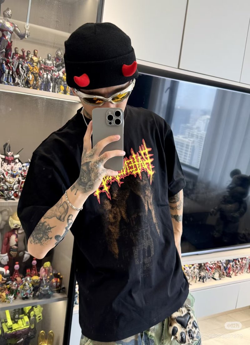 Black Metal Band Graphic T-Shirt with Red Flame Print view