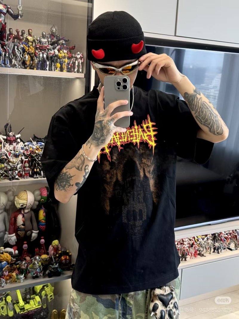 Black Metal Band Graphic T-Shirt with Red Flame Print view