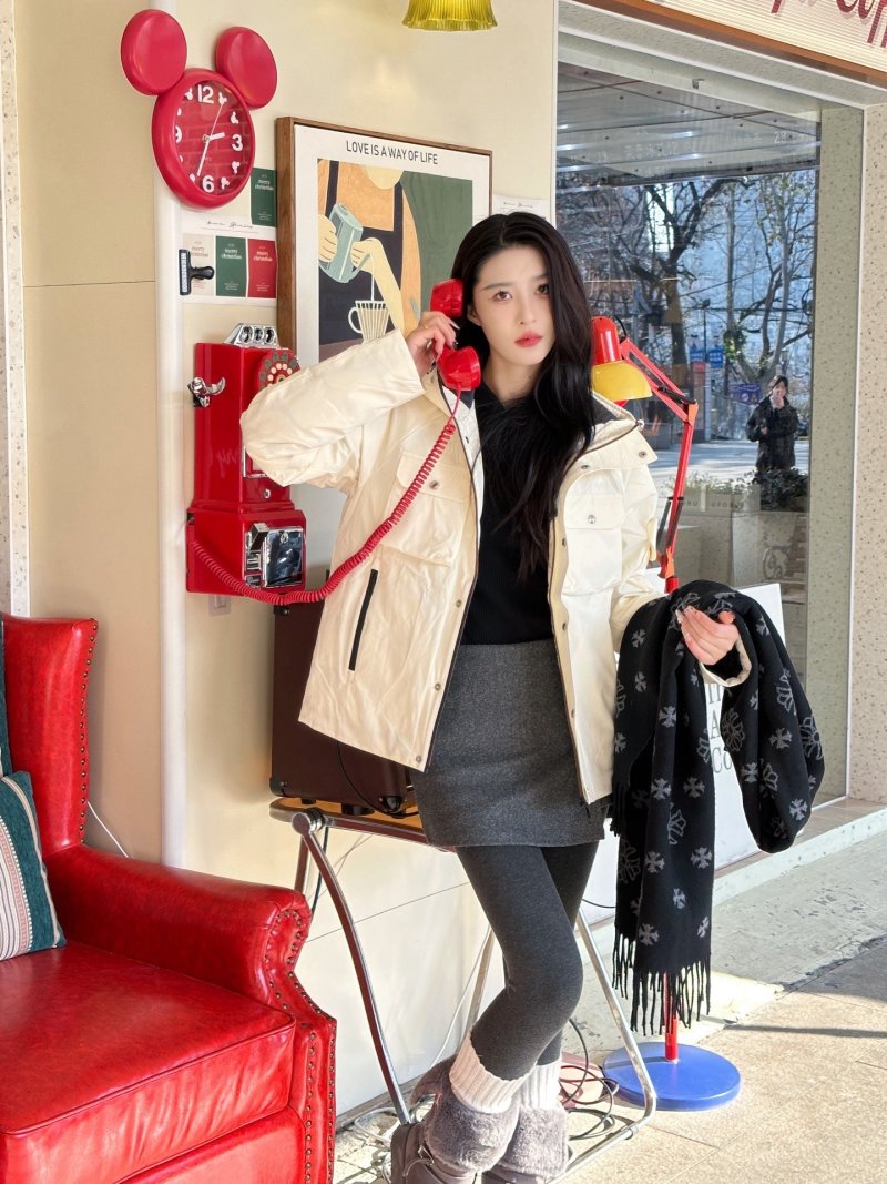 Cream Puffer Down Jacket with Red Trim