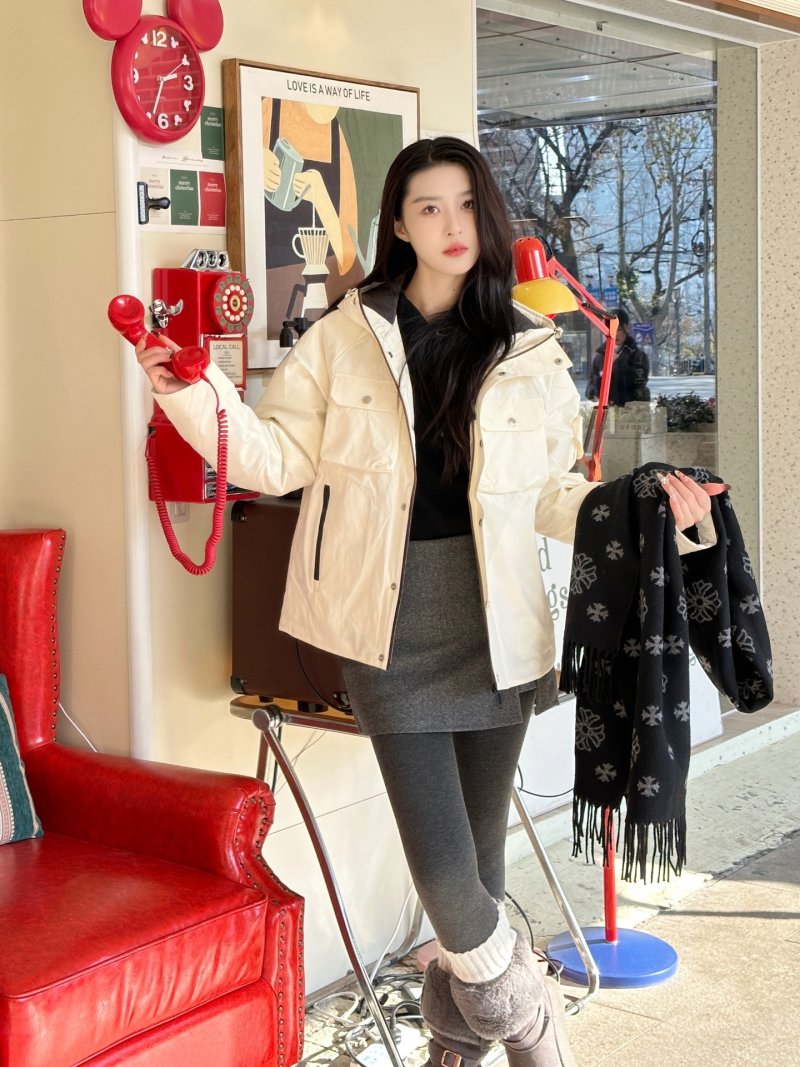 Cream Puffer Down Jacket with Red Trim view