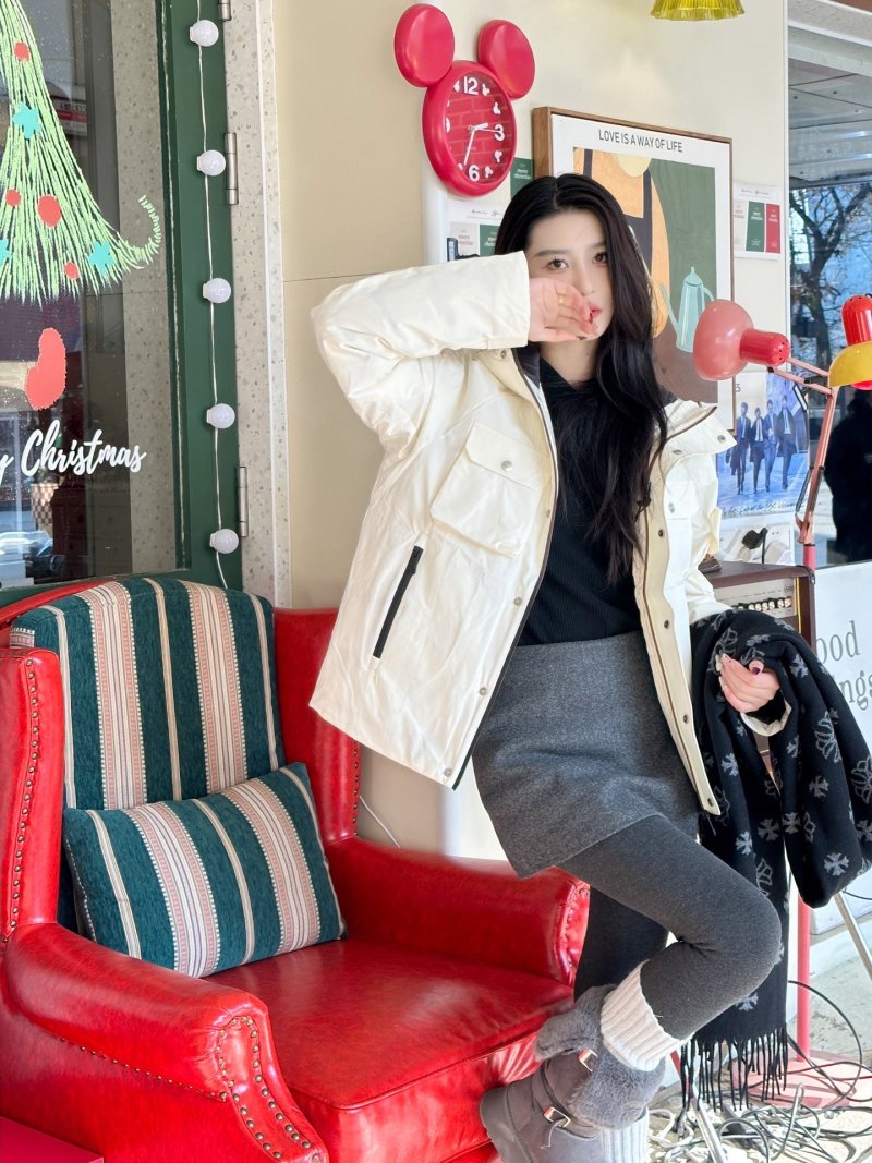 Cream Puffer Down Jacket with Red Trim view