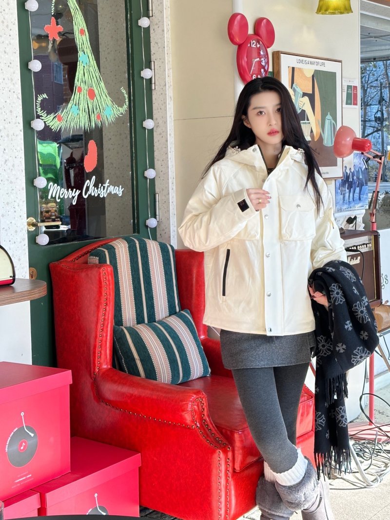 Cream Puffer Down Jacket with Red Trim view