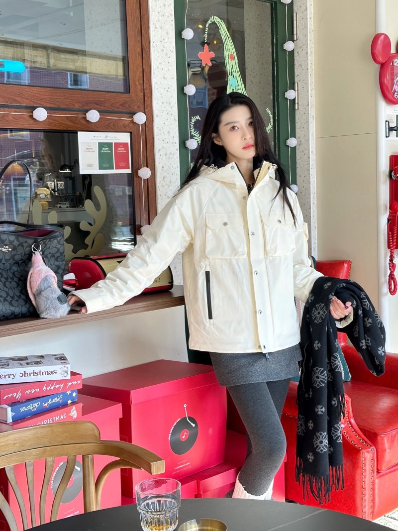 Cream Puffer Down Jacket with Red Trim view