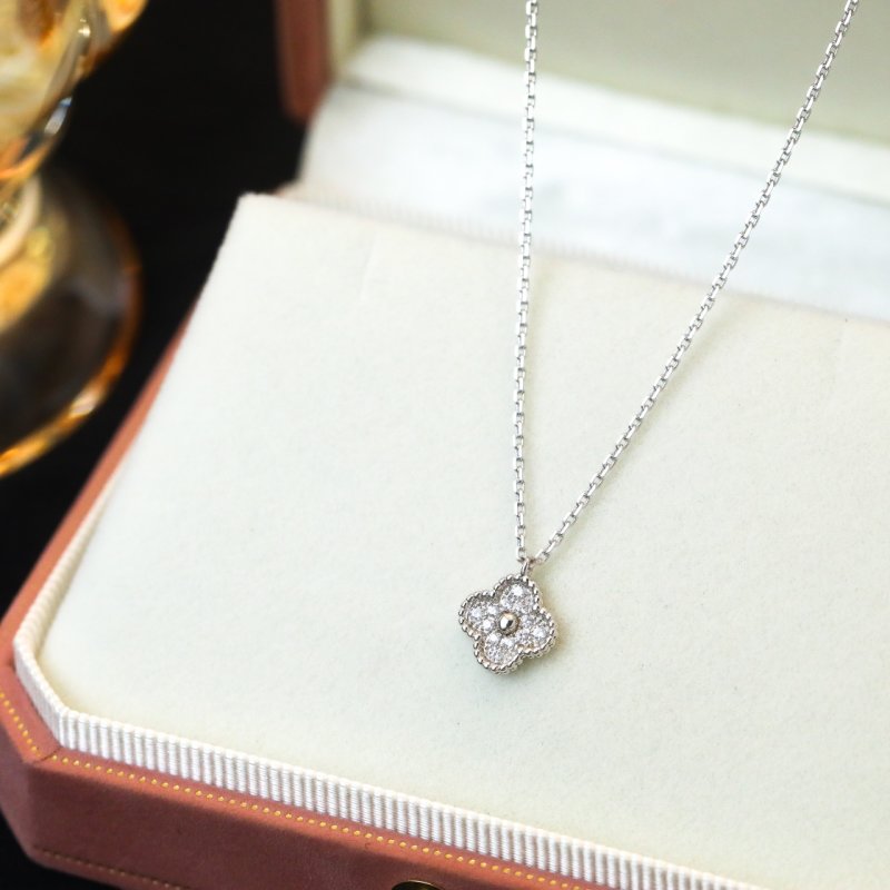 Van Cleef & Arpels Mini Four Leaf Clover Diamond Necklace Silver view