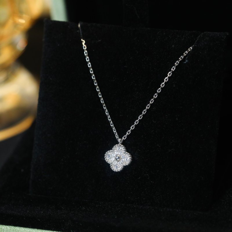 Van Cleef & Arpels Mini Four Leaf Clover Diamond Necklace Silver view