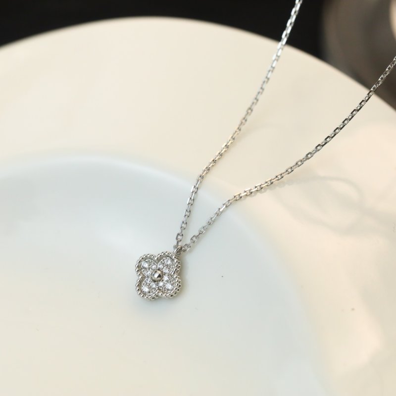 Van Cleef & Arpels Mini Four Leaf Clover Diamond Necklace Silver view