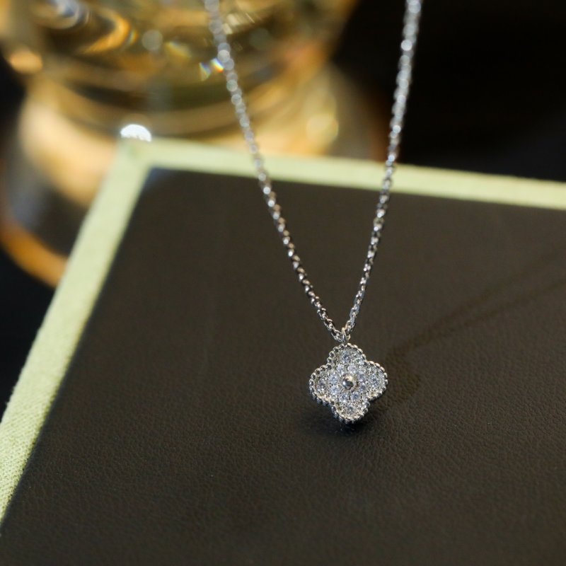 Van Cleef & Arpels Mini Four Leaf Clover Diamond Necklace Silver view