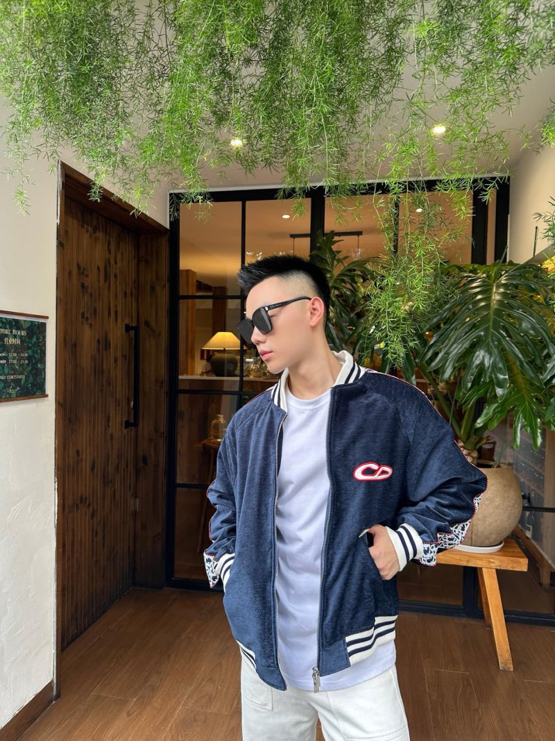 Essentials Navy Zip Bomber Jacket with Striped Trim