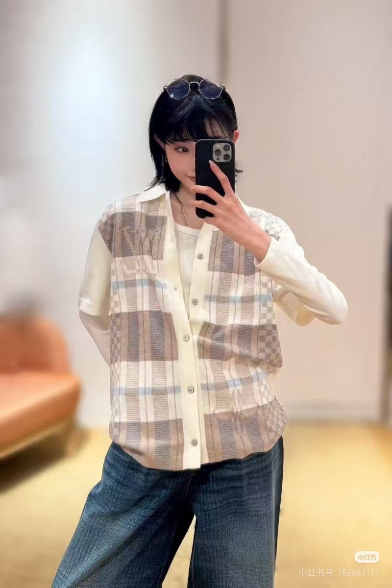 Women's Oversized Plaid Button-Up Shirt Cream & Grey view