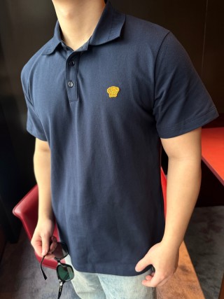 Versace Navy Blue Polo Shirt with Gold Medusa Logo