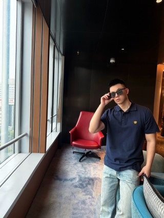 Versace Navy Blue Polo Shirt with Gold Medusa Logo view 3