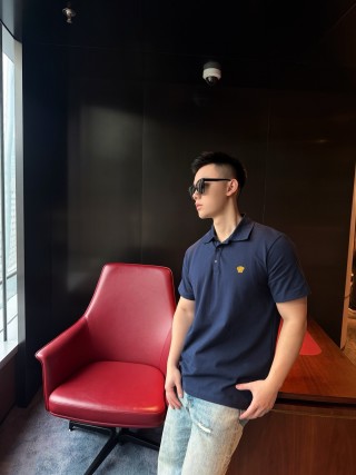 Versace Navy Blue Polo Shirt with Gold Medusa Logo view 5