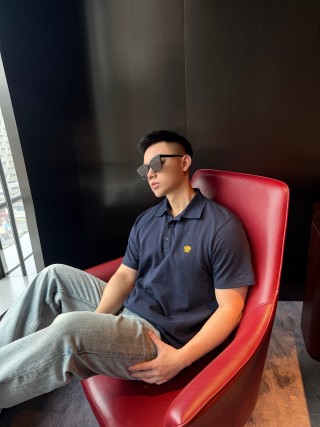 Versace Navy Blue Polo Shirt with Gold Medusa Logo view 6