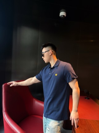 Versace Navy Blue Polo Shirt with Gold Medusa Logo view 7